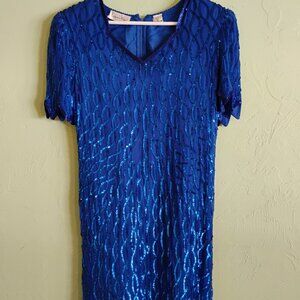 Lawrence Kazar 100% Silk Sequined Blue Dress, Size XL